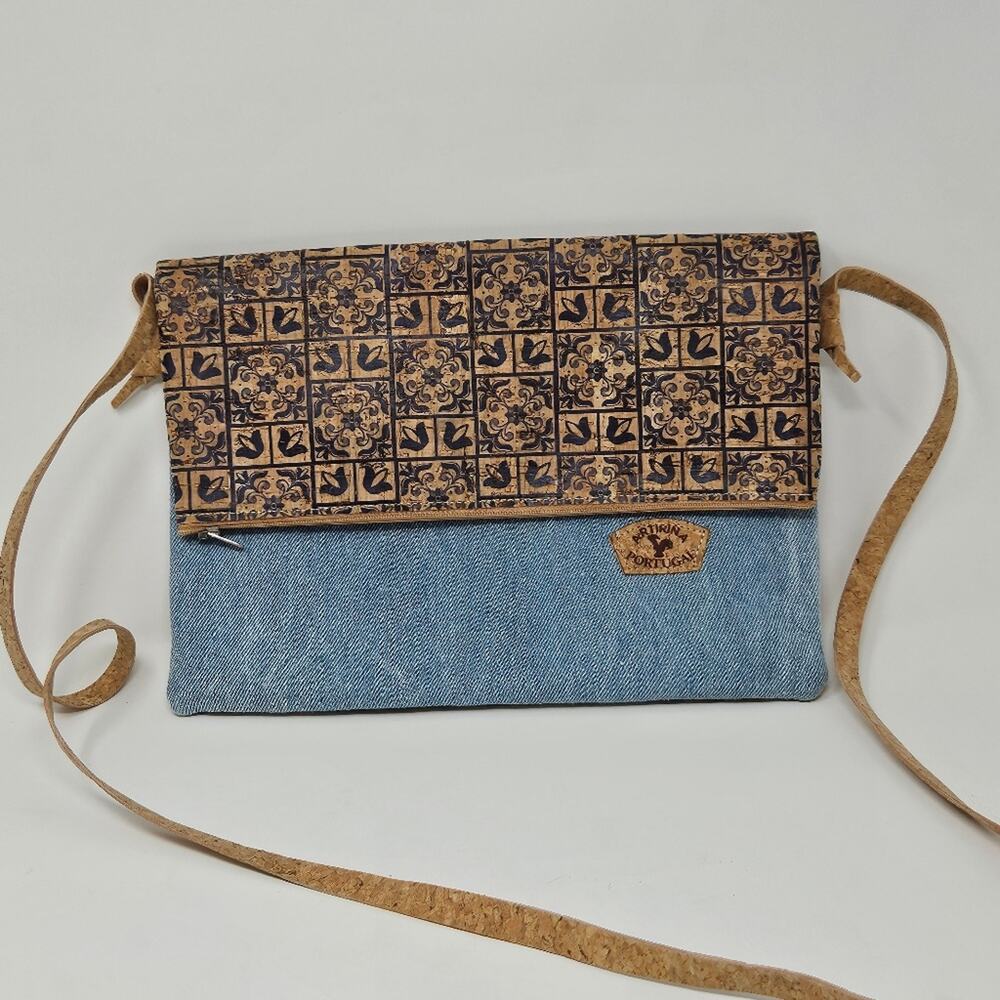 Artirina Portugal Cork Crossbody Bag Purse Blue and Brown Slim Satchel